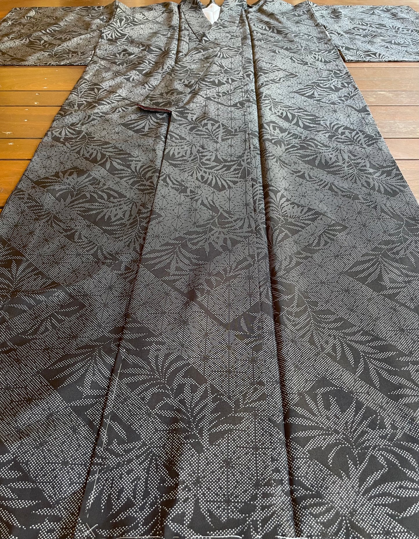 Black Vintage Silk Hemp Leaf Komon Kimono