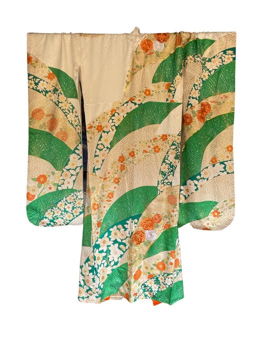 Ivory, Orange and Green Floral and Geometric Vintage Furisode Kimono