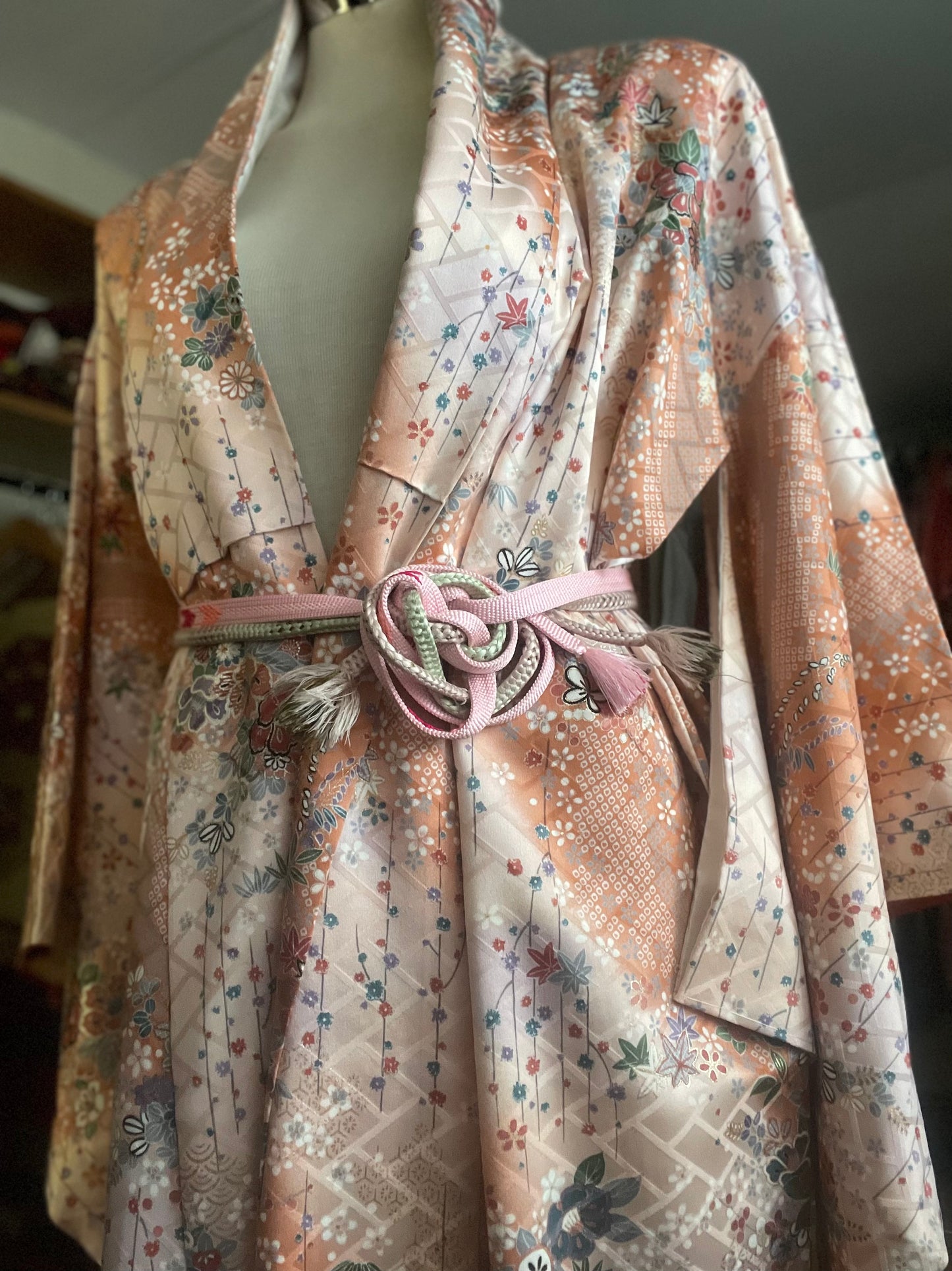 Light Tan and Orange with Metallic Floral Vintage Silk Kimono