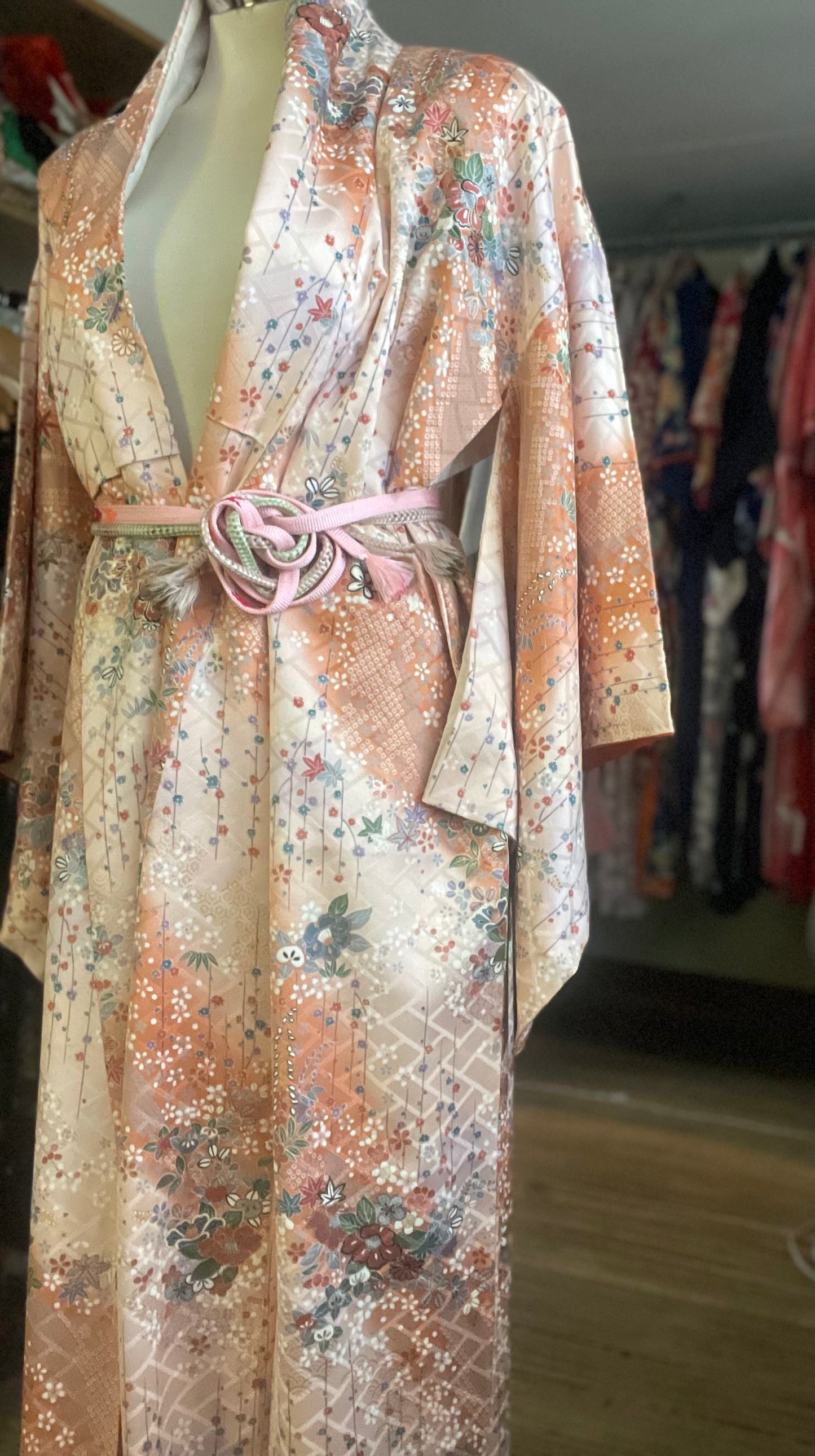 Light Tan and Orange with Metallic Floral Vintage Silk Kimono