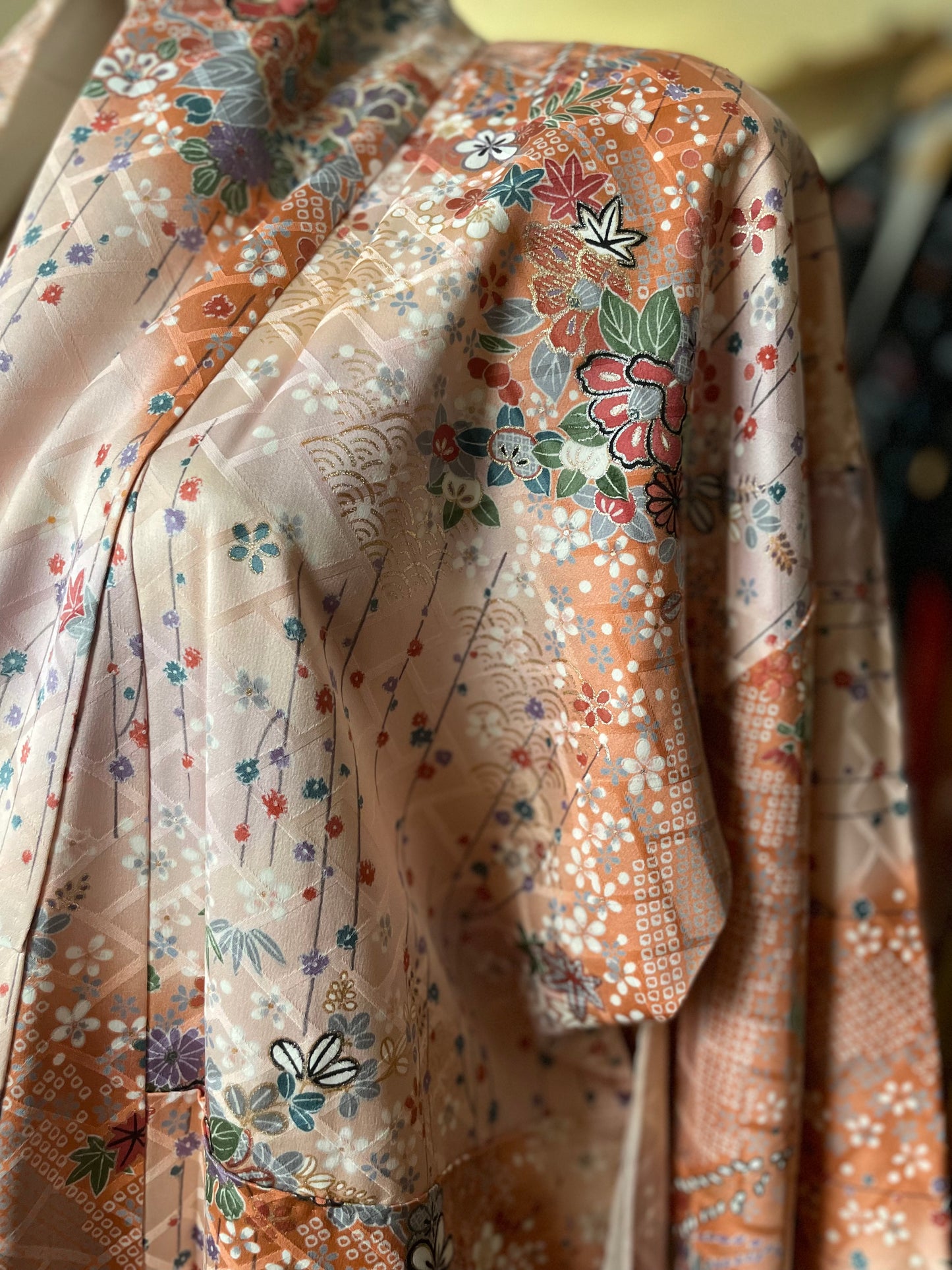 Light Tan and Orange with Metallic Floral Vintage Silk Kimono