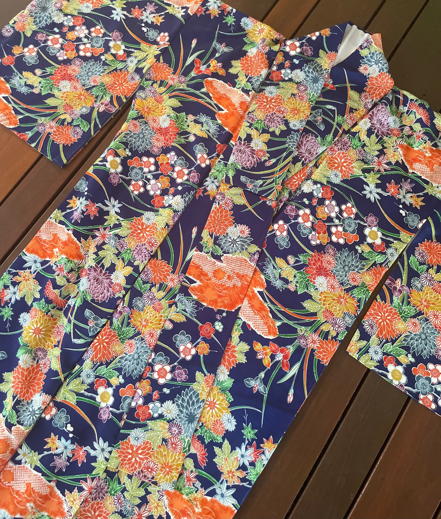 Blue and Orange Japanese Floral Vintage Kimono