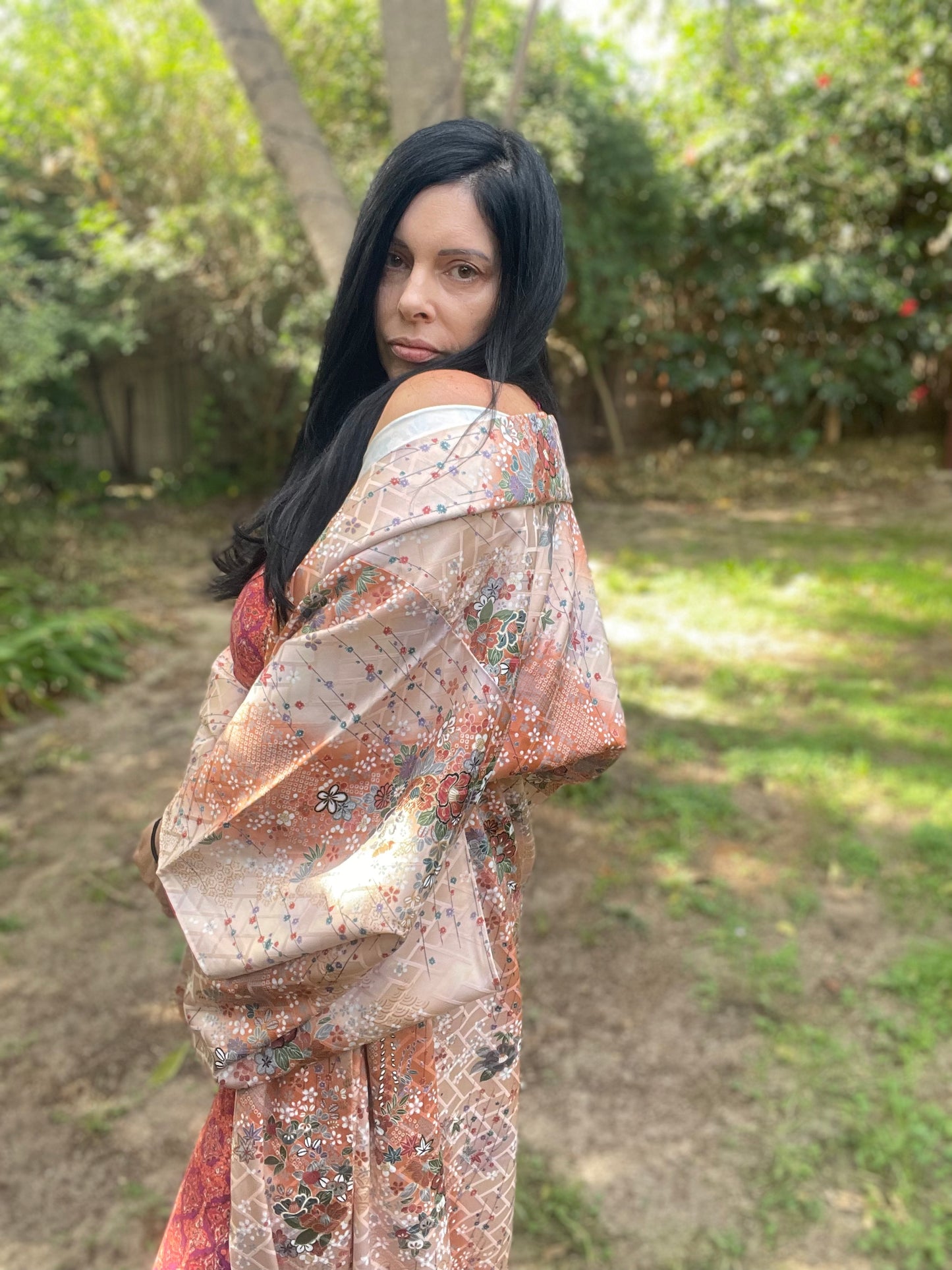 Light Tan and Orange with Metallic Floral Vintage Silk Kimono