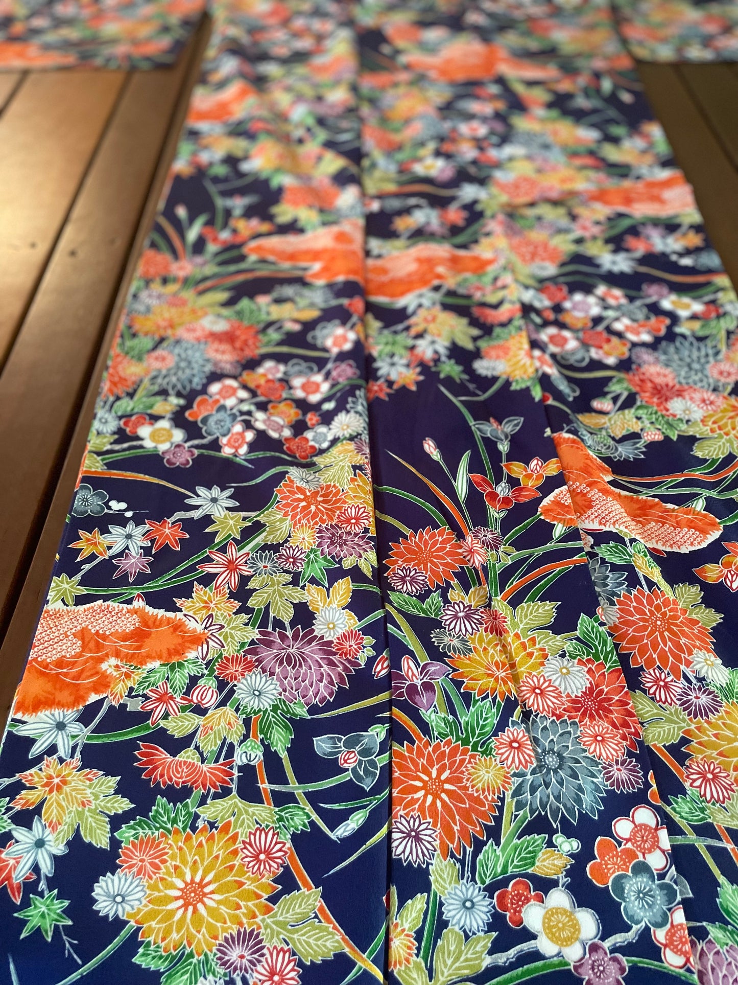 Blue and Orange Japanese Floral Vintage Kimono