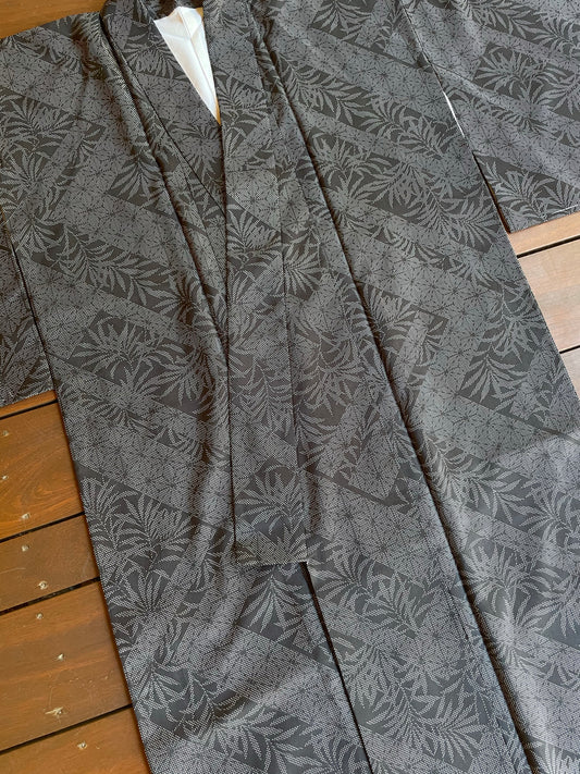 Black Vintage Silk Hemp Leaf Komon Kimono