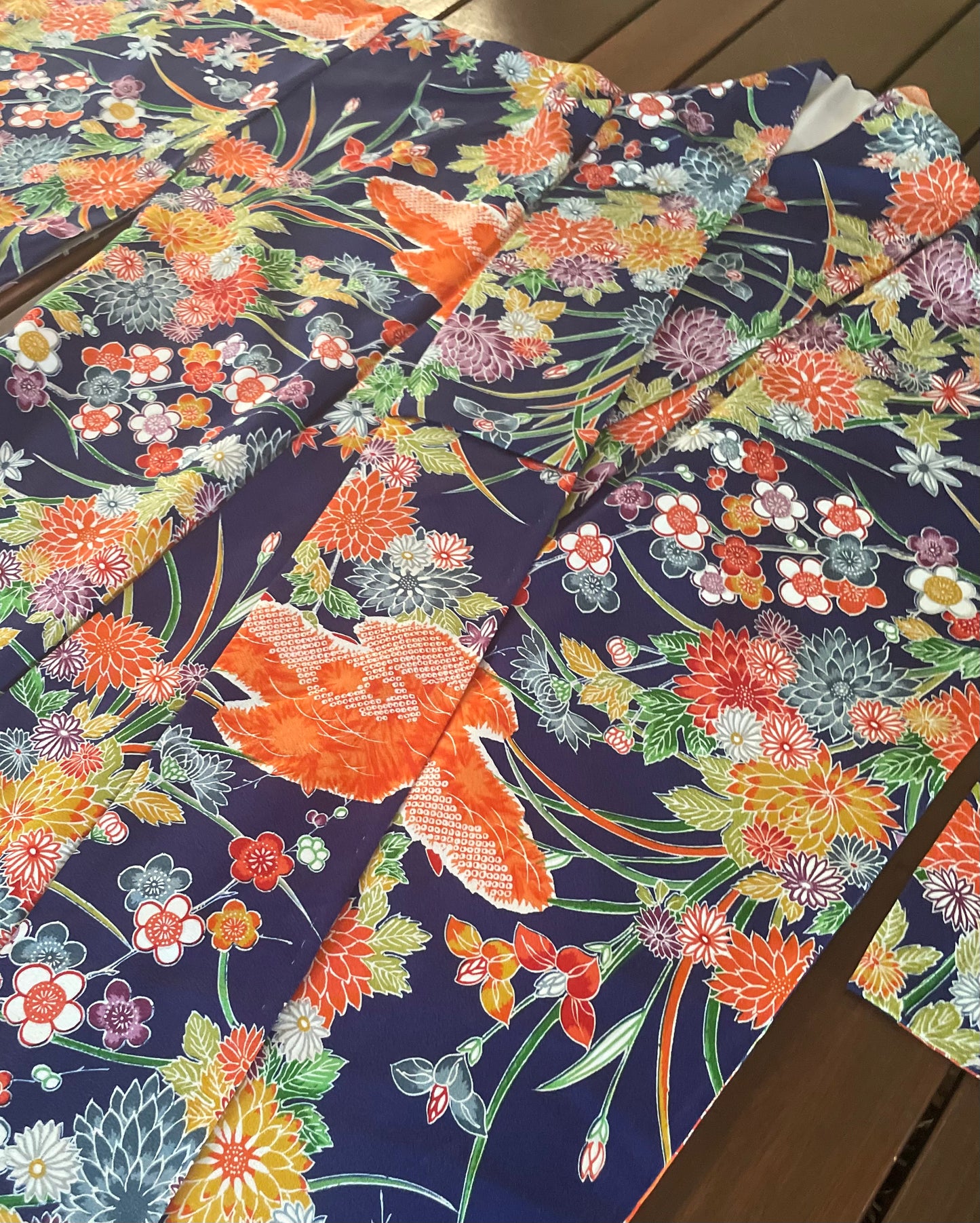 Blue and Orange Japanese Floral Vintage Kimono